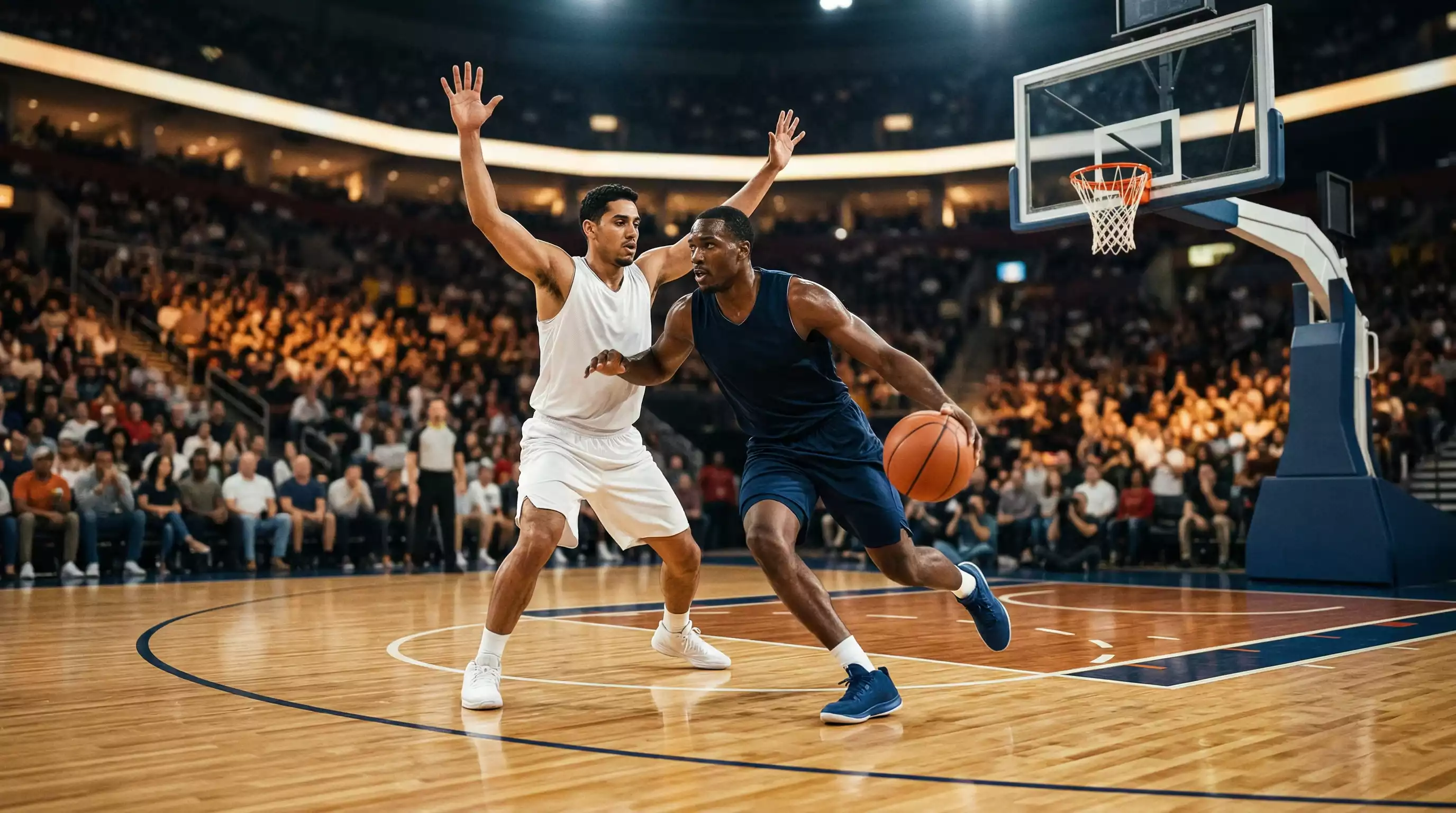 Live wedden op NBA-wedstrijd met basketbalveld en scorebord