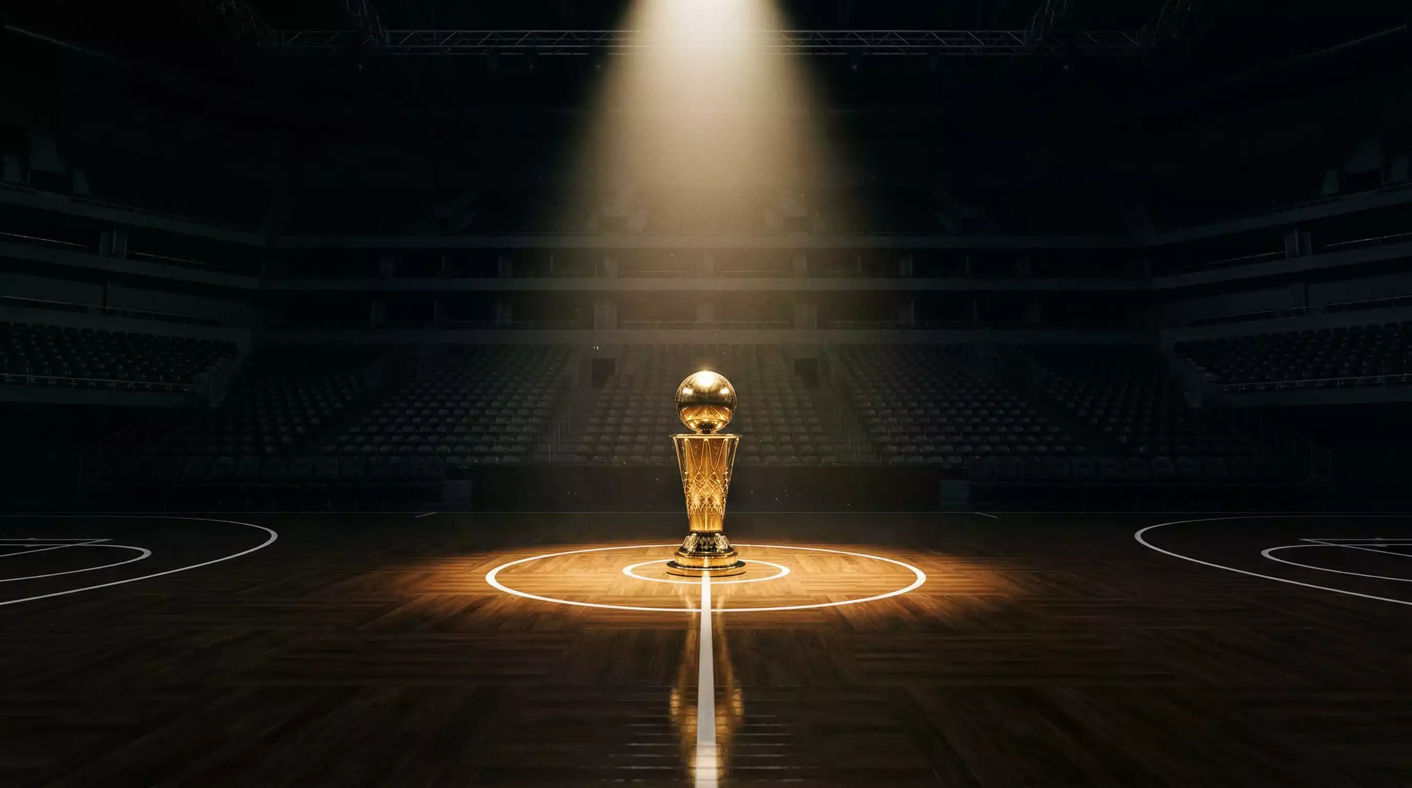 Wedden op NBA play-offs en Finals met basketbaltrofee en speelveld